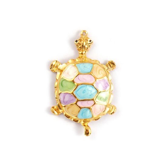Bild von 1 Piece Eco-friendly PVD Vacuum Plating 304 Stainless Steel Ocean Jewelry Pendants 18K Real Gold Plated Multicolor Enamel Sea Turtle Animal Pearlized Black Rhinestone 5.7cm x 3.5cm