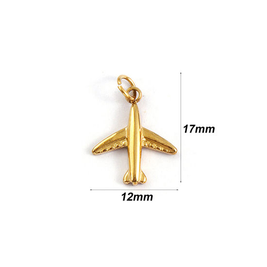 Immagine di 1 Pz Placcatura Sottovuoto PVD Ecologica 304 Acciaio Inossidabile Viaggio Ciondoli 18K Vero Oro Placcato Aeroplano 3D 17mm x 12mm