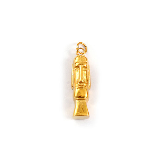 Immagine di 1 Pz Placcatura Sottovuoto PVD Ecologica 304 Acciaio Inossidabile Viaggio Ciondoli 18K Vero Oro Placcato Statua dell'Isola di Pasqua Moai 3D 25mm x 6mm