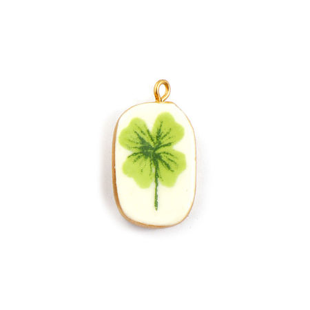 Picture of 2 PCs Eco-friendly PVD Vacuum Plating Waterproof Anti-Tarnish Hypoallergenic 304 Stainless Steel & Ceramic Charms 18K Real Gold Plated Green Oval Four Leaf Clover 27mm x 16mm