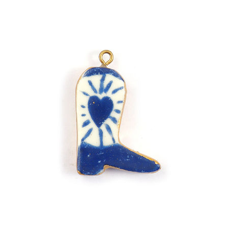 Picture of 2 PCs Eco-friendly PVD Vacuum Plating Waterproof Anti-Tarnish Hypoallergenic 304 Stainless Steel & Ceramic West Cowboy Pendants 18K Real Gold Plated Dark Blue Boots Heart 3.4cm x 2.3cm