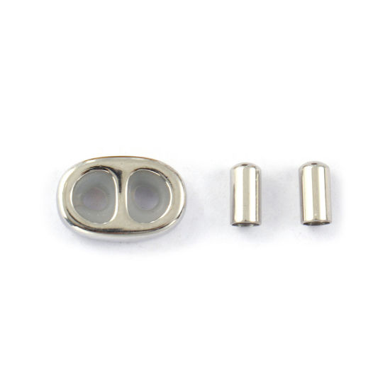 1 セット エコフレンドリー 304ステンレス鋼 2つ穴 ゴムストッパースライダービーズ ウィズ エンド キャップ フォー DIY ジュエリーメーキング シルバートーン 12mm x 8mm、 の画像