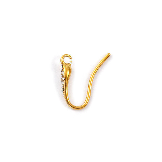 Picture of 2 PCs Eco-friendly PVD Vacuum Plating 304 Stainless Steel Exquisite Ear Wire Hooks Earrings For DIY Jewelry Making Accessories Drop 18K Real Gold Plated Clear Rhinestone With Open Loop 14mm x 3mm, Post/ Wire Size: 1mm(18 gauge)