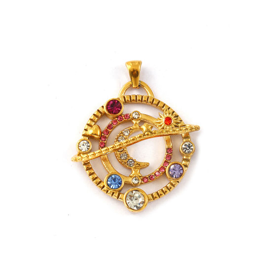 Picture of 1 Piece Eco-friendly PVD Vacuum Plating 304 Stainless Steel Galaxy Pendants 18K Real Gold Plated Planet Hollow Multicolor Rhinestone 4cm x 3.2cm