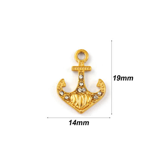 Picture of 2 PCs Eco-friendly PVD Vacuum Plating 304 Stainless Steel Charms 18K Real Gold Plated Anchor Heart Micro Pave Clear Rhinestone 19mm x 14mm