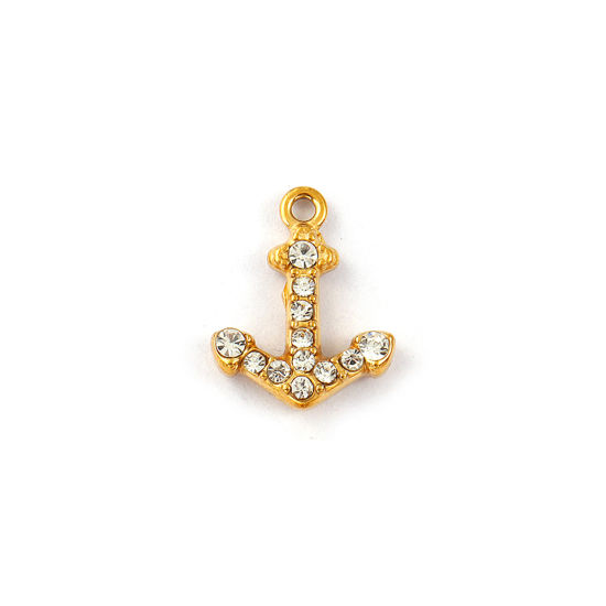 Picture of 2 PCs Eco-friendly PVD Vacuum Plating 304 Stainless Steel Charms 18K Real Gold Plated Anchor Micro Pave Clear Rhinestone 14.5mm x 12mm