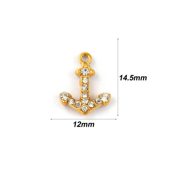 Picture of 2 PCs Eco-friendly PVD Vacuum Plating 304 Stainless Steel Charms 18K Real Gold Plated Anchor Micro Pave Clear Rhinestone 14.5mm x 12mm