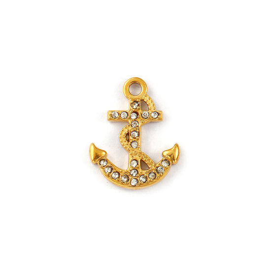 Picture of 2 PCs Eco-friendly PVD Vacuum Plating 304 Stainless Steel Charms 18K Real Gold Plated Anchor Micro Pave Clear Rhinestone 19mm x 15mm