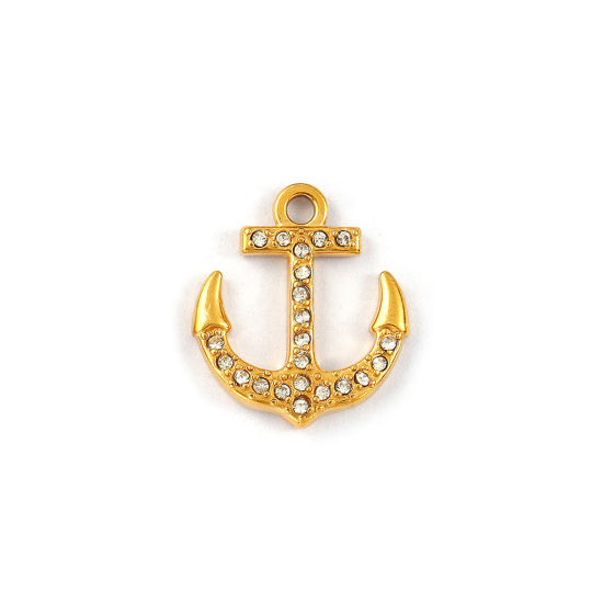 Picture of 2 PCs Eco-friendly PVD Vacuum Plating 304 Stainless Steel Charms 18K Real Gold Plated Anchor Micro Pave Clear Rhinestone 18mm x 16mm