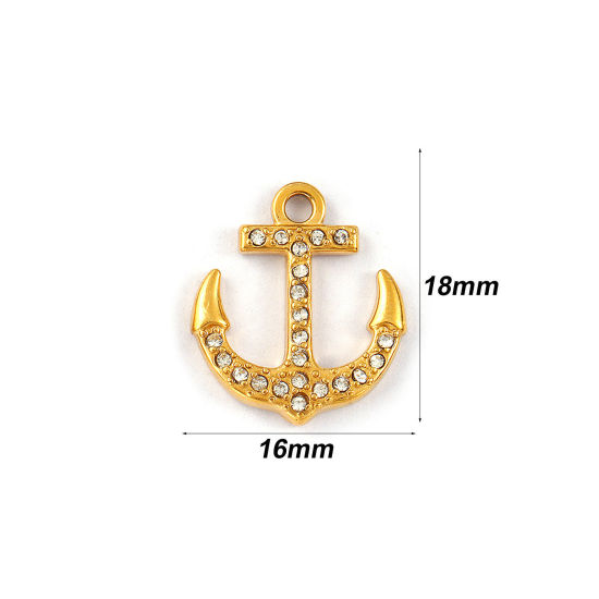 Picture of 2 PCs Eco-friendly PVD Vacuum Plating 304 Stainless Steel Charms 18K Real Gold Plated Anchor Micro Pave Clear Rhinestone 18mm x 16mm