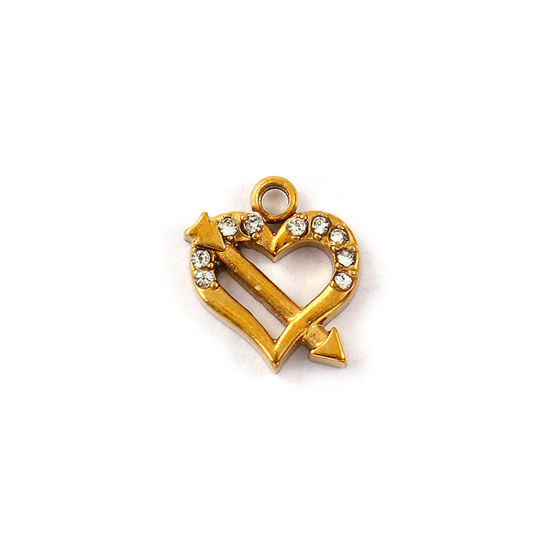 Picture of 2 PCs Eco-friendly PVD Vacuum Plating 304 Stainless Steel Valentine's Day Charms 18K Real Gold Plated Arrow Through Heart Micro Pave Clear Rhinestone 12mm x 11mm