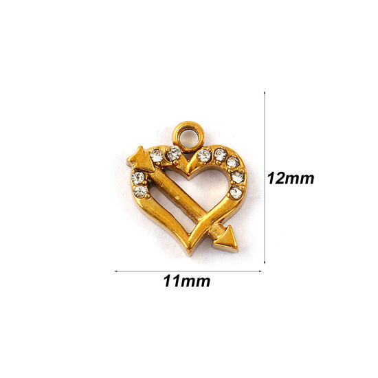 Picture of 2 PCs Eco-friendly PVD Vacuum Plating 304 Stainless Steel Valentine's Day Charms 18K Real Gold Plated Arrow Through Heart Micro Pave Clear Rhinestone 12mm x 11mm