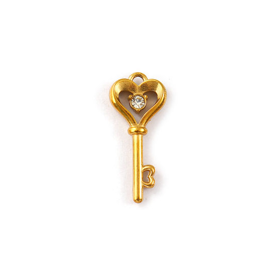 Picture of 2 PCs Eco-friendly PVD Vacuum Plating 304 Stainless Steel Valentine's Day Charms 18K Real Gold Plated Key Heart Clear Rhinestone 23mm x 10mm