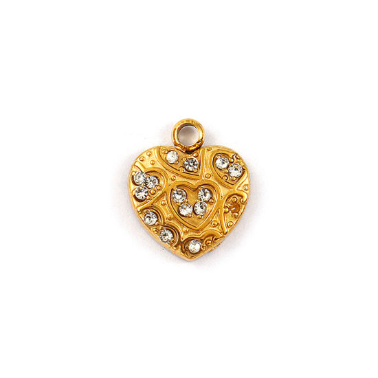 Picture of 2 PCs Eco-friendly PVD Vacuum Plating 304 Stainless Steel Valentine's Day Charms 18K Real Gold Plated Heart Micro Pave Clear Rhinestone 12.5mm x 11mm