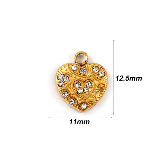 Picture of 2 PCs Eco-friendly PVD Vacuum Plating 304 Stainless Steel Valentine's Day Charms 18K Real Gold Plated Heart Micro Pave Clear Rhinestone 12.5mm x 11mm