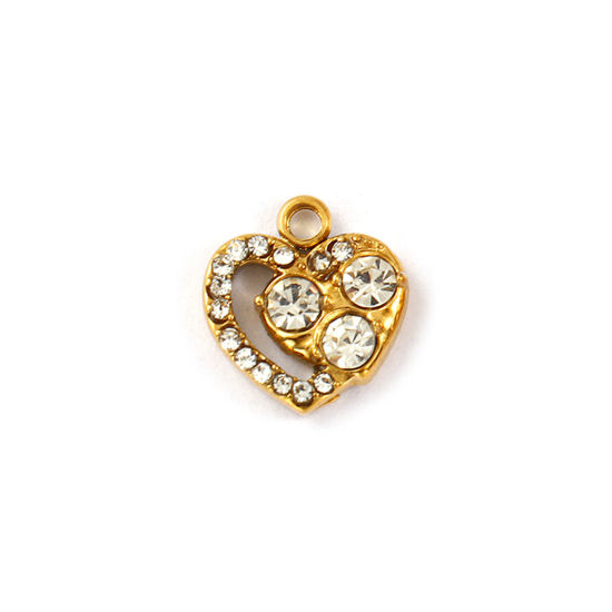 Picture of 2 PCs Eco-friendly PVD Vacuum Plating 304 Stainless Steel Valentine's Day Charms 18K Real Gold Plated Heart Micro Pave Clear Rhinestone 12mm x 11mm