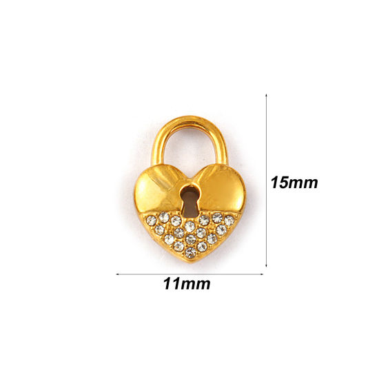 Picture of 2 PCs Eco-friendly PVD Vacuum Plating 304 Stainless Steel Valentine's Day Charms 18K Real Gold Plated Lock Heart Micro Pave Clear Rhinestone 15mm x 11mm