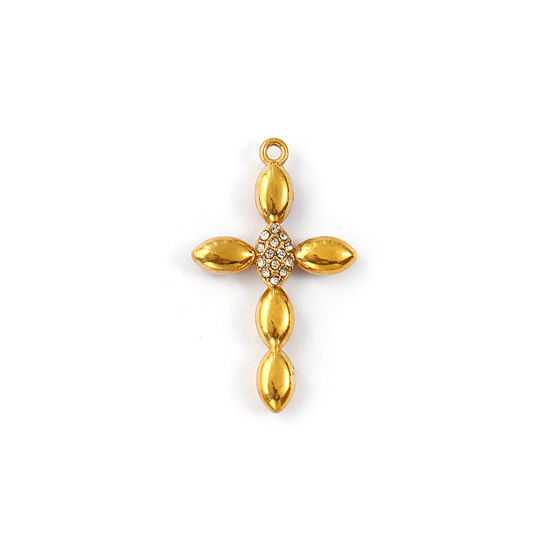 Immagine di 1 Pz Placcatura Sottovuoto PVD Ecologica 304 Acciaio Inossidabile Religione Ciondoli 18K Vero Oro Placcato Croce Micro Spianare Trasparente Strass 27mm x 16mm