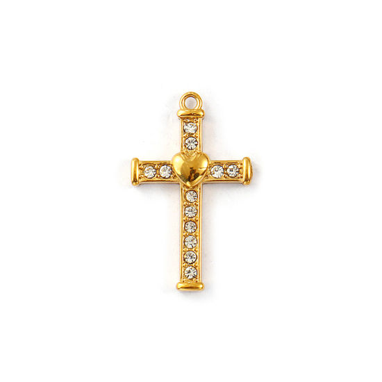 Immagine di 1 Pz Placcatura Sottovuoto PVD Ecologica 304 Acciaio Inossidabile Religione Ciondoli 18K Vero Oro Placcato Croce Cuore Micro Spianare Trasparente Strass 28mm x 17mm