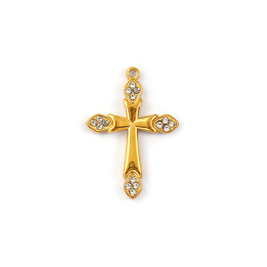 Immagine di 1 Pz Placcatura Sottovuoto PVD Ecologica 304 Acciaio Inossidabile Religione Ciondoli 18K Vero Oro Placcato Croce Micro Spianare Trasparente Strass 27mm x 19mm