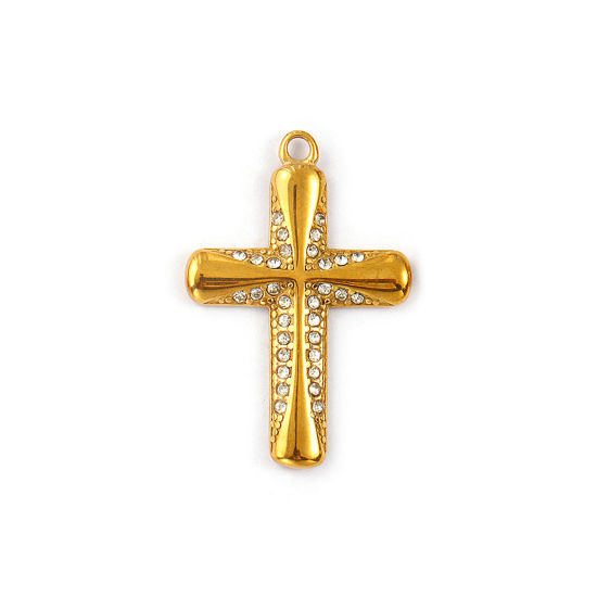 Immagine di 1 Pz Placcatura Sottovuoto PVD Ecologica 304 Acciaio Inossidabile Religione Ciondoli Pendenti 18K Vero Oro Placcato Croce Micro Spianare Trasparente Strass 3.5cm x 2.3cm