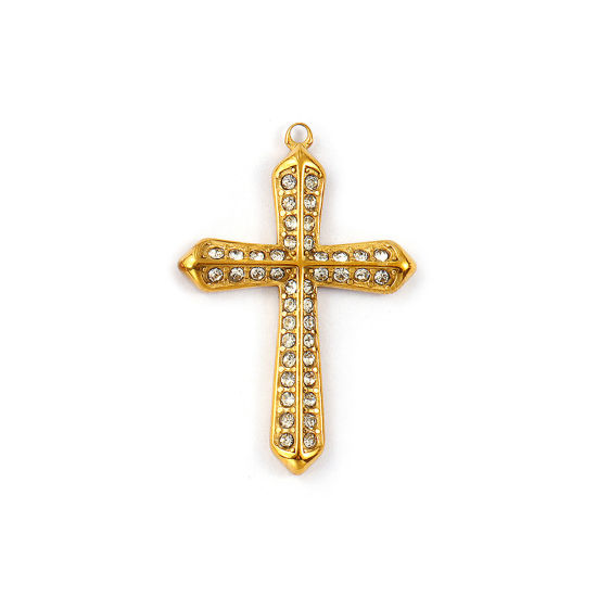 Immagine di 1 Pz Placcatura Sottovuoto PVD Ecologica 304 Acciaio Inossidabile Religione Ciondoli Pendenti 18K Vero Oro Placcato Croce Micro Spianare Trasparente Strass 3.8cm x 2.6cm