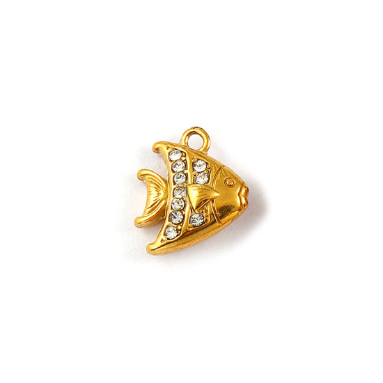 Immagine di 2 Pz Placcatura Sottovuoto PVD Ecologica 304 Acciaio Inossidabile Gioielli Oceanici Ciondoli 18K Vero Oro Placcato Pesci tropicali Micro Spianare Trasparente Strass 14mm x 12mm