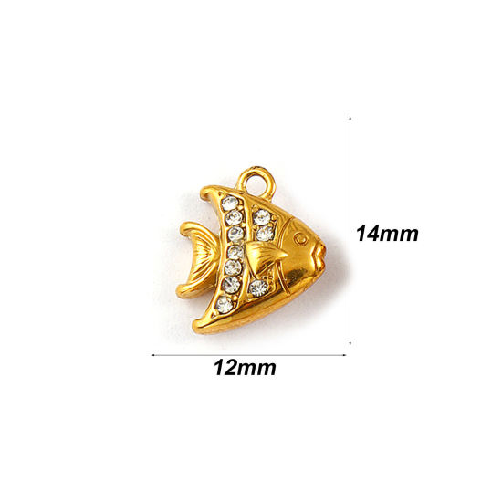 Immagine di 2 Pz Placcatura Sottovuoto PVD Ecologica 304 Acciaio Inossidabile Gioielli Oceanici Ciondoli 18K Vero Oro Placcato Pesci tropicali Micro Spianare Trasparente Strass 14mm x 12mm