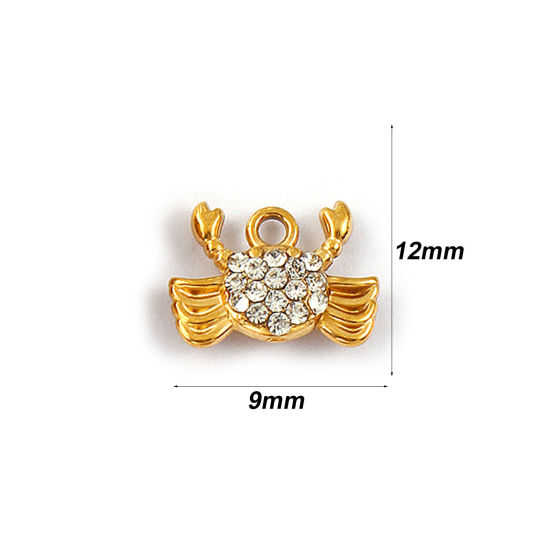 Immagine di 2 Pz Placcatura Sottovuoto PVD Ecologica 304 Acciaio Inossidabile Gioielli Oceanici Ciondoli 18K Vero Oro Placcato Granchio Micro Spianare Trasparente Strass 12mm x 9mm