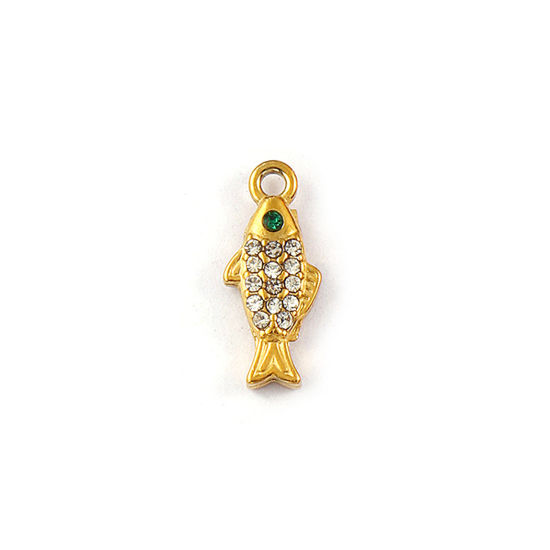 Immagine di 2 Pz Placcatura Sottovuoto PVD Ecologica 304 Acciaio Inossidabile Gioielli Oceanici Ciondoli 18K Vero Oro Placcato Pesce Micro Spianare Trasparente Strass 14.5mm x 6mm