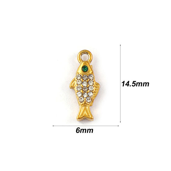 Immagine di 2 Pz Placcatura Sottovuoto PVD Ecologica 304 Acciaio Inossidabile Gioielli Oceanici Ciondoli 18K Vero Oro Placcato Pesce Micro Spianare Trasparente Strass 14.5mm x 6mm