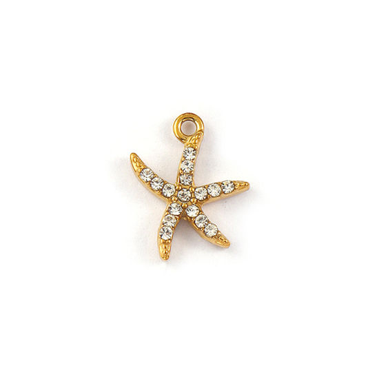 Immagine di 2 Pz Placcatura Sottovuoto PVD Ecologica 304 Acciaio Inossidabile Gioielli Oceanici Ciondoli 18K Vero Oro Placcato Stella di Mare Micro Spianare Trasparente Strass 14mm x 11mm