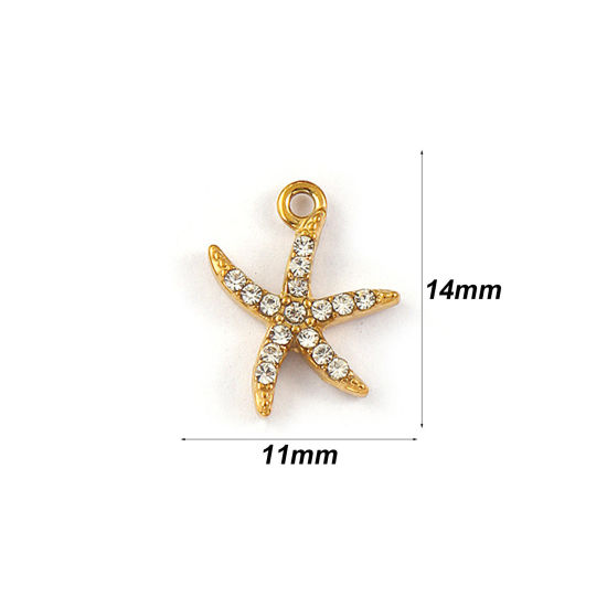 Immagine di 2 Pz Placcatura Sottovuoto PVD Ecologica 304 Acciaio Inossidabile Gioielli Oceanici Ciondoli 18K Vero Oro Placcato Stella di Mare Micro Spianare Trasparente Strass 14mm x 11mm