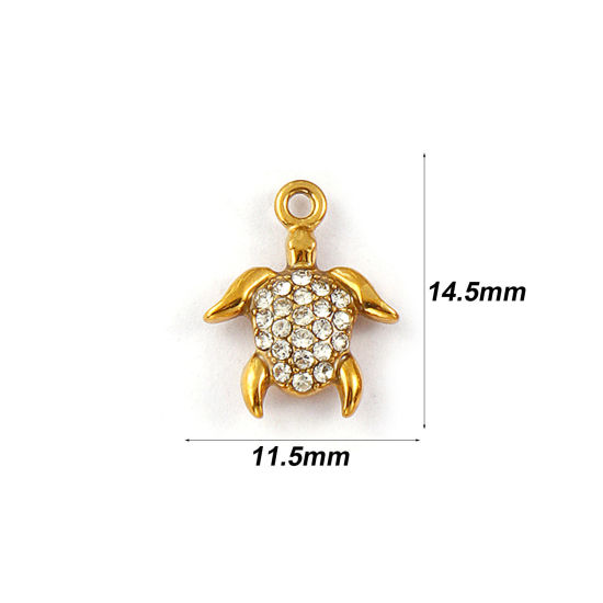Immagine di 2 Pz Placcatura Sottovuoto PVD Ecologica 304 Acciaio Inossidabile Gioielli Oceanici Ciondoli 18K Vero Oro Placcato Tartaruga Micro Spianare Trasparente Strass 14.5mm x 11.5mm