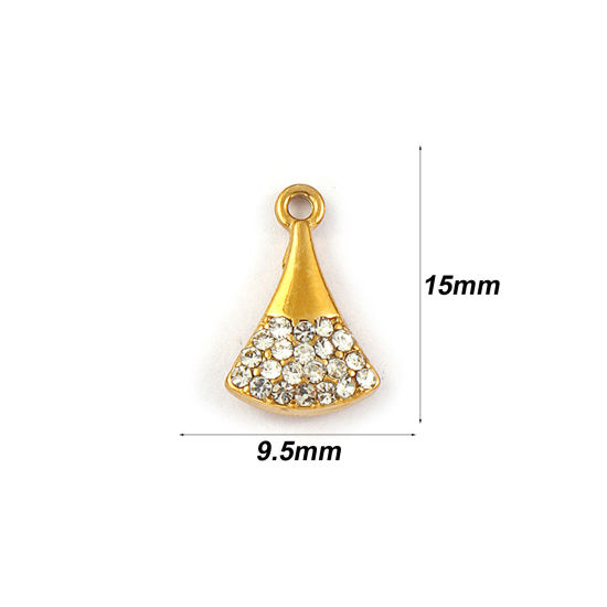 Immagine di 2 Pz Placcatura Sottovuoto PVD Ecologica 304 Acciaio Inossidabile Ciondoli 18K Vero Oro Placcato A Forma di Ventagli Micro Spianare Trasparente Strass 15mm x 9.5mm
