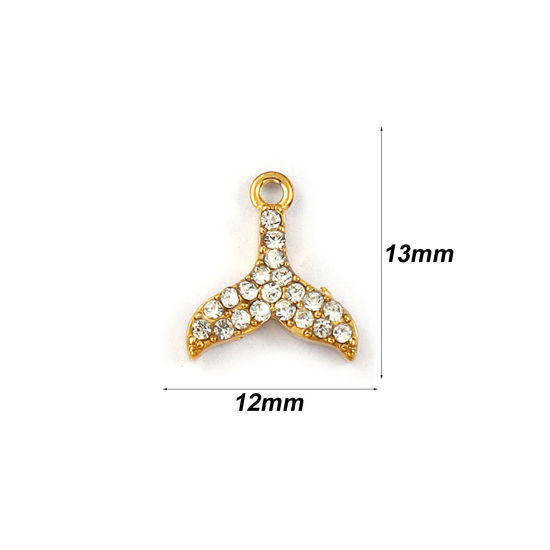 Immagine di 2 Pz Placcatura Sottovuoto PVD Ecologica 304 Acciaio Inossidabile Ciondoli 18K Vero Oro Placcato Fishtail Micro Spianare Trasparente Strass 13mm x 12mm