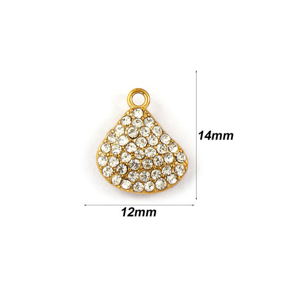 Immagine di 2 Pz Placcatura Sottovuoto PVD Ecologica 304 Acciaio Inossidabile Ciondoli 18K Vero Oro Placcato Conchiglia Micro Spianare Trasparente Strass 14mm x 12mm