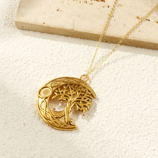 Изображение 1 Piece Eco-friendly PVD Vacuum Plating 304 Stainless Steel Galaxy Pendants 18K Real Gold Plated Half Moon Tree of Life Cabochon Settings (Fits 8mm Dia.) 4.5cm x 3.5cm