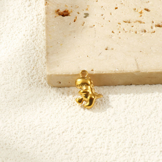 Picture of 2 PCs Eco-friendly PVD Vacuum Plating 304 Stainless Steel Charms 18K Real Gold Plated Dinosaur Animal 3D 17.5mm x 12mm