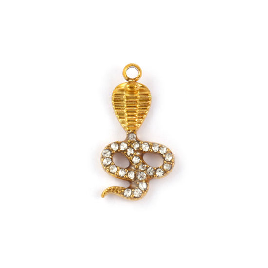 Immagine di 1 Pz Placcatura Sottovuoto PVD Ecologica 304 Acciaio Inossidabile Ciondoli 18K Vero Oro Placcato Serpente Trasparente Strass 21mm x 11mm