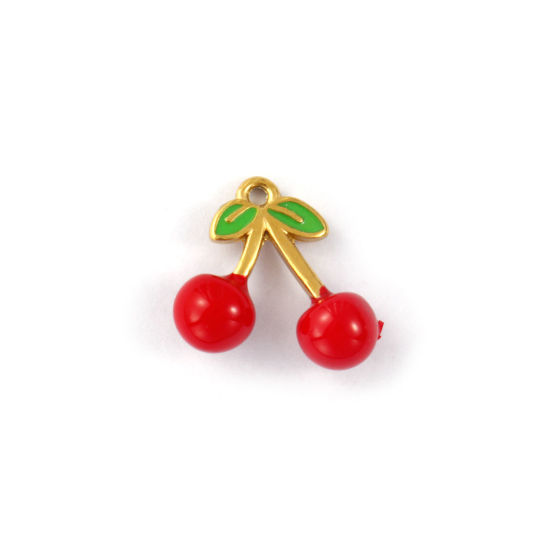 Immagine di 2 Pz Placcatura Sottovuoto PVD Ecologica 304 Acciaio Inossidabile Ciondoli 18K Vero Oro Placcato Rosso Smalto Ciliegia 3D 17mm x 14mm