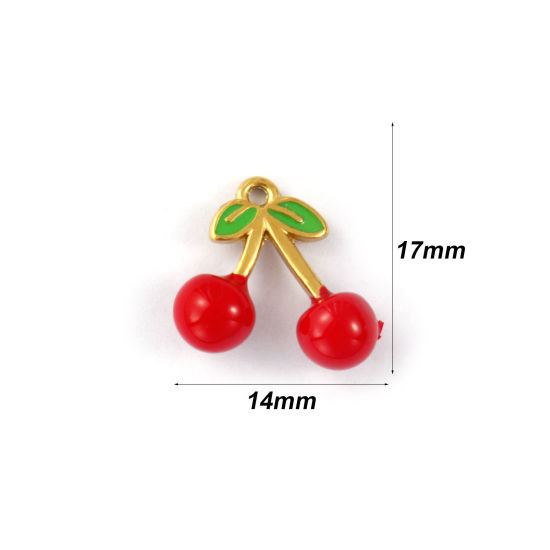 Immagine di 2 Pz Placcatura Sottovuoto PVD Ecologica 304 Acciaio Inossidabile Ciondoli 18K Vero Oro Placcato Rosso Smalto Ciliegia 3D 17mm x 14mm