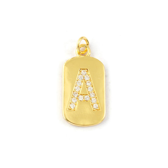 Imagen de 1 Piece Eco-friendly Brass Capital Alphabet Initial Letter Name Charms 14K Real Gold Plated Rectangle Message " A " Micro Pave Clear Cubic Zirconia 26mm x 12mm