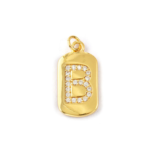 Imagen de 1 Piece Eco-friendly Brass Capital Alphabet Initial Letter Name Charms 14K Real Gold Plated Rectangle Message " B " Micro Pave Clear Cubic Zirconia 26mm x 12mm