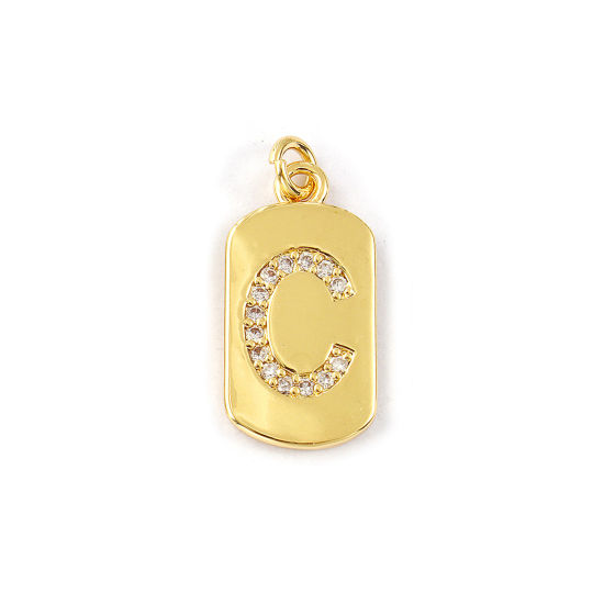 Imagen de 1 Piece Eco-friendly Brass Capital Alphabet Initial Letter Name Charms 14K Real Gold Plated Rectangle Message " C " Micro Pave Clear Cubic Zirconia 26mm x 12mm