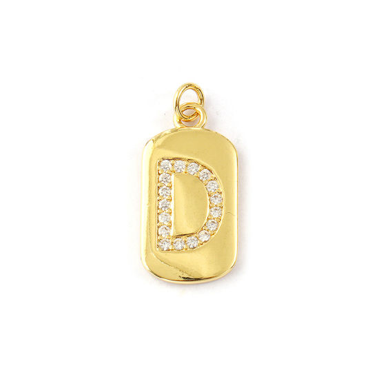Imagen de 1 Piece Eco-friendly Brass Capital Alphabet Initial Letter Name Charms 14K Real Gold Plated Rectangle Message " D " Micro Pave Clear Cubic Zirconia 26mm x 12mm