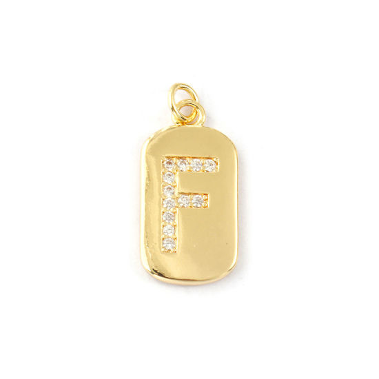 Imagen de 1 Piece Eco-friendly Brass Capital Alphabet Initial Letter Name Charms 14K Real Gold Plated Rectangle Message " F " Micro Pave Clear Cubic Zirconia 26mm x 12mm