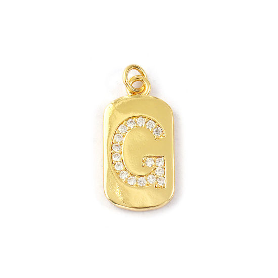 Imagen de 1 Piece Eco-friendly Brass Capital Alphabet Initial Letter Name Charms 14K Real Gold Plated Rectangle Message " G " Micro Pave Clear Cubic Zirconia 26mm x 12mm
