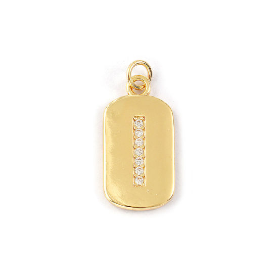 Imagen de 1 Piece Eco-friendly Brass Capital Alphabet Initial Letter Name Charms 14K Real Gold Plated Rectangle Message " I " Micro Pave Clear Cubic Zirconia 26mm x 12mm