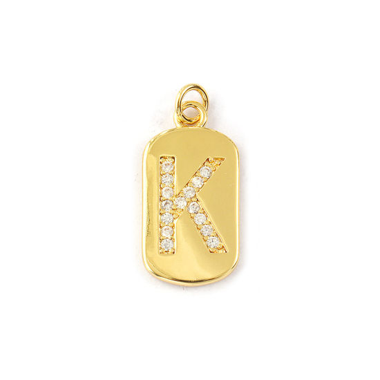 Imagen de 1 Piece Eco-friendly Brass Capital Alphabet Initial Letter Name Charms 14K Real Gold Plated Rectangle Message " K " Micro Pave Clear Cubic Zirconia 26mm x 12mm